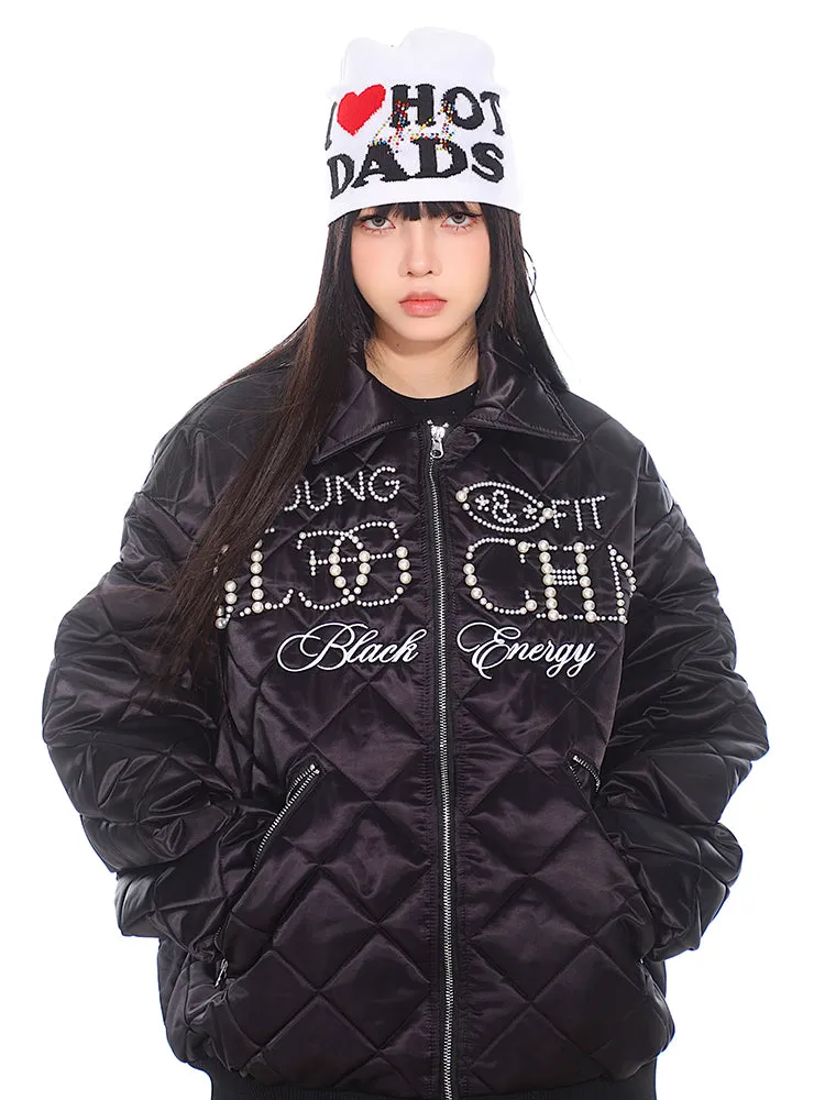 【24s Nov.】Pearl Lettering Diamond Pattern Padded Jacket