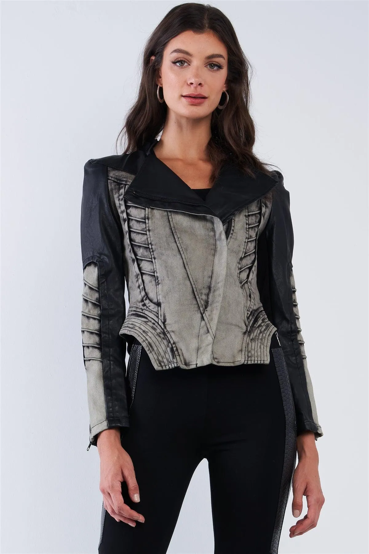 Black And Washed Grey Asymmetrical Ribbed Corset Inspired Oblique Zipper Moto Jacket /2-2-1