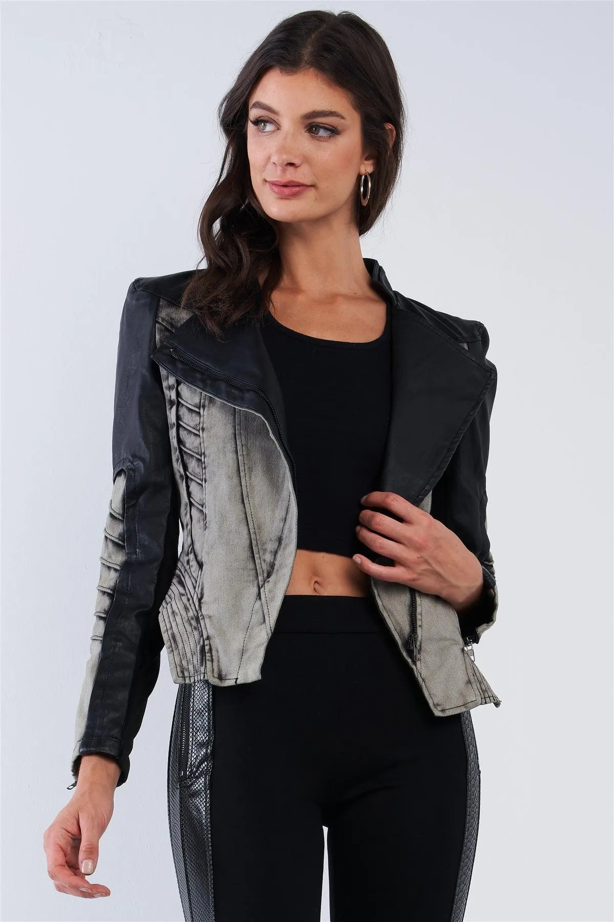 Black And Washed Grey Asymmetrical Ribbed Corset Inspired Oblique Zipper Moto Jacket /2-2-1