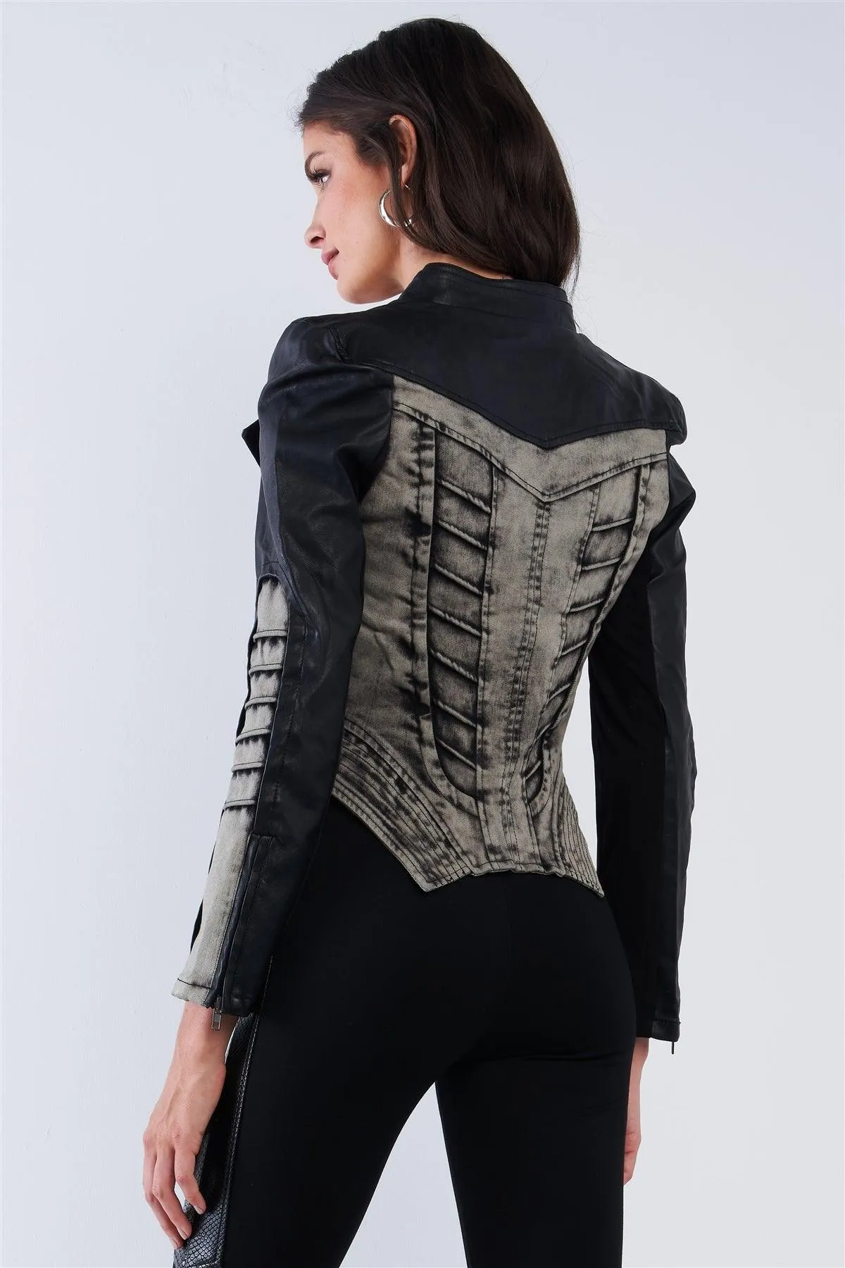 Black And Washed Grey Asymmetrical Ribbed Corset Inspired Oblique Zipper Moto Jacket /2-2-1