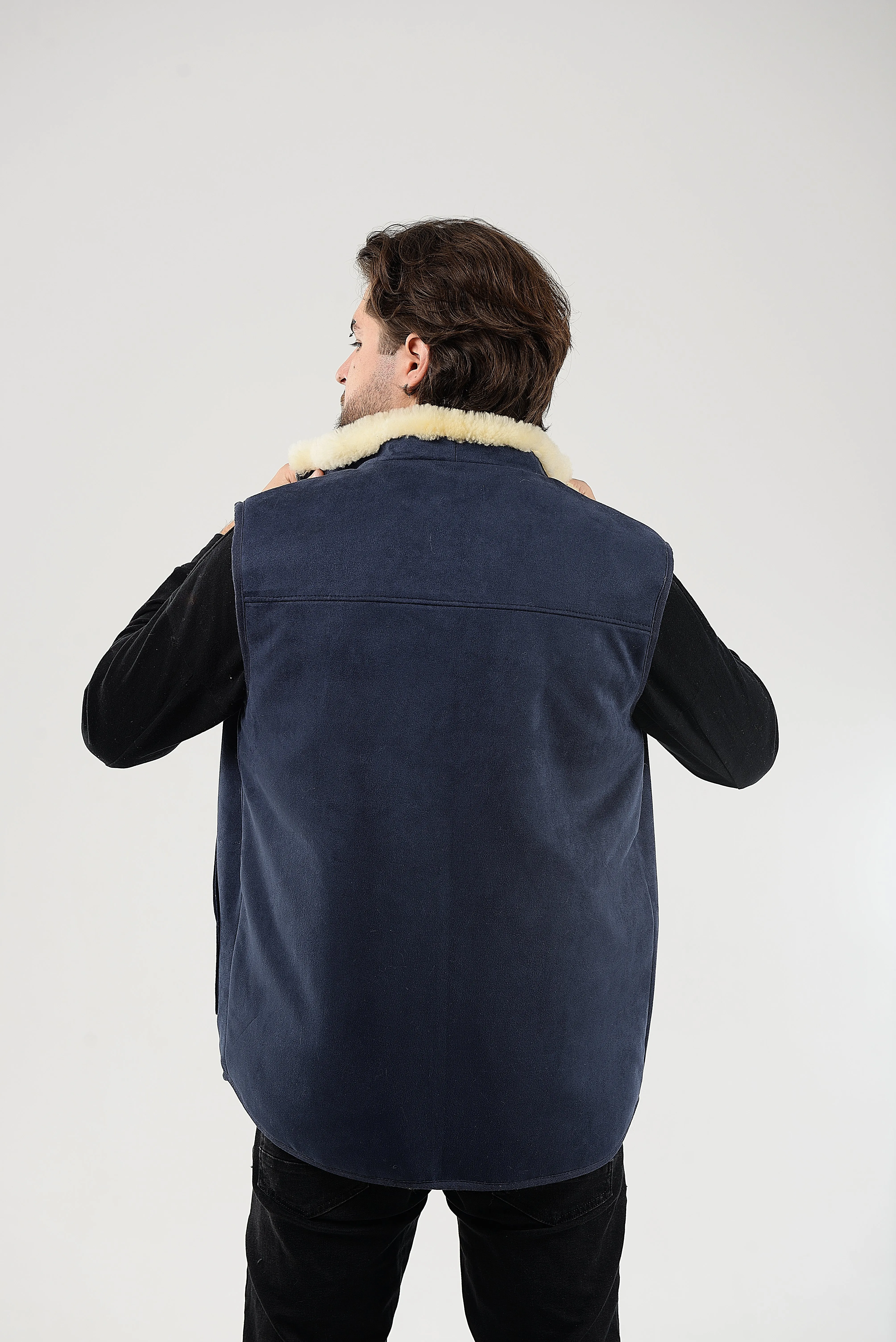 Blue Sheepskin Vest with Patch Pocket Medical Sheepskin Hypoallergenic