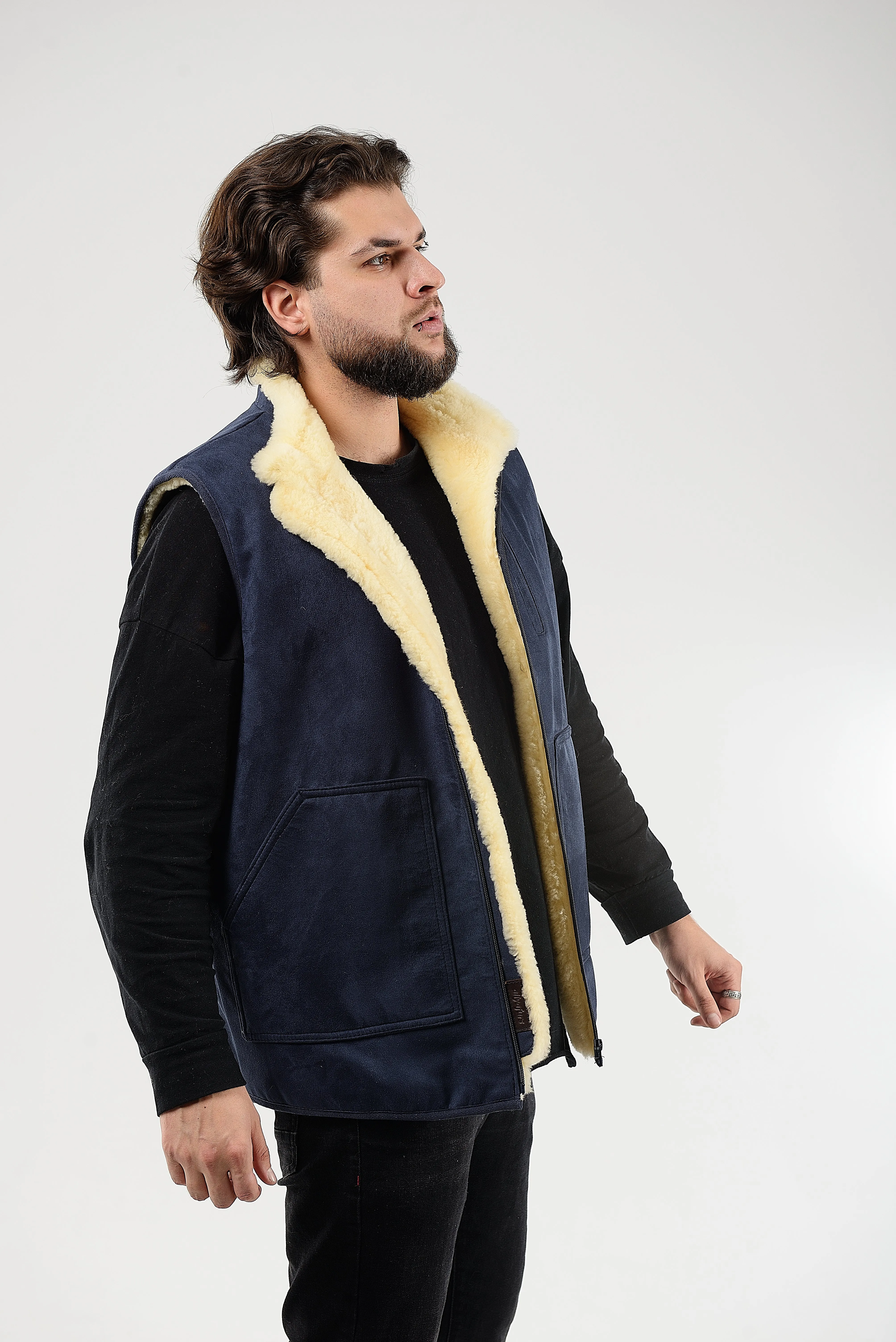 Blue Sheepskin Vest with Patch Pocket Medical Sheepskin Hypoallergenic