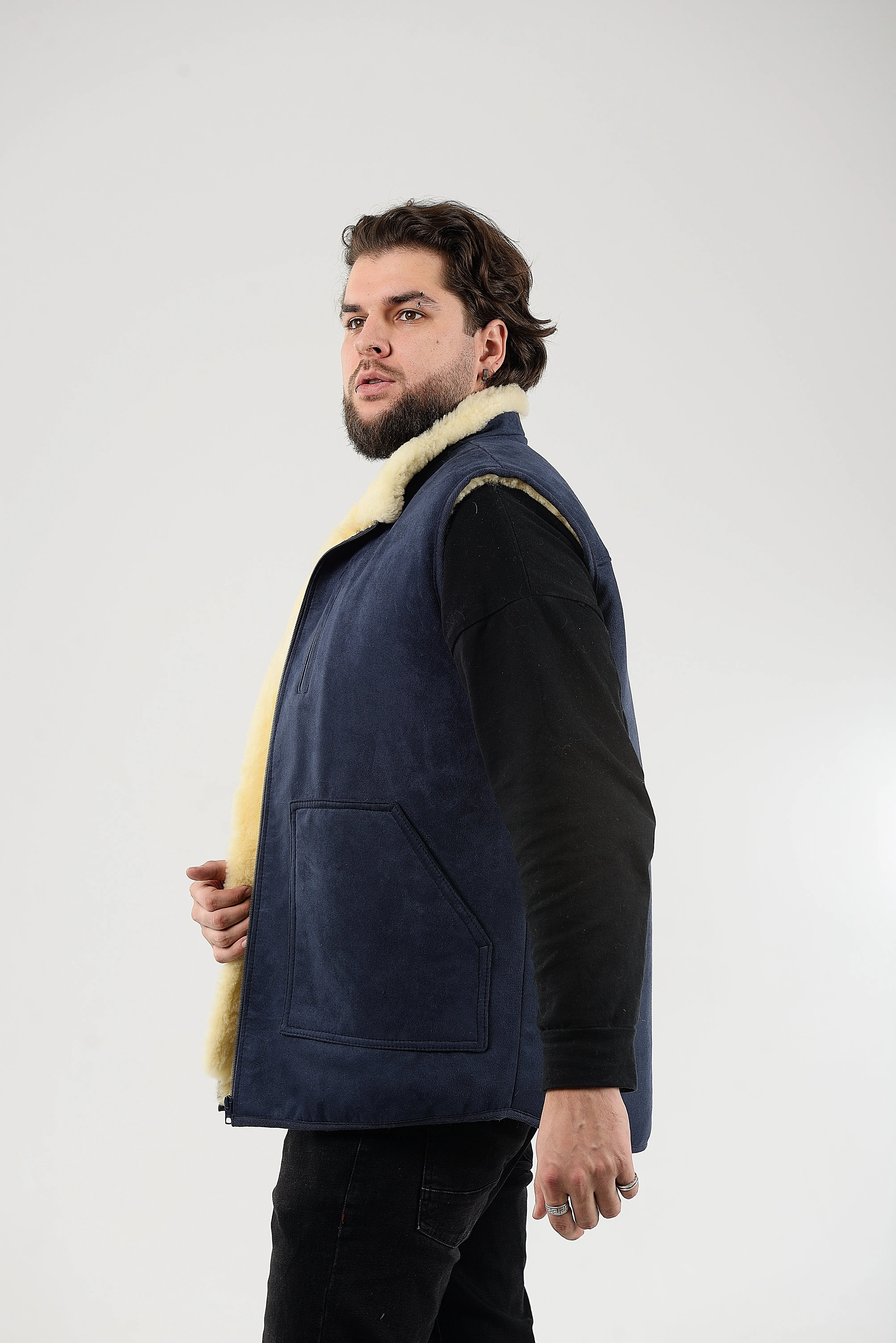 Blue Sheepskin Vest with Patch Pocket Medical Sheepskin Hypoallergenic