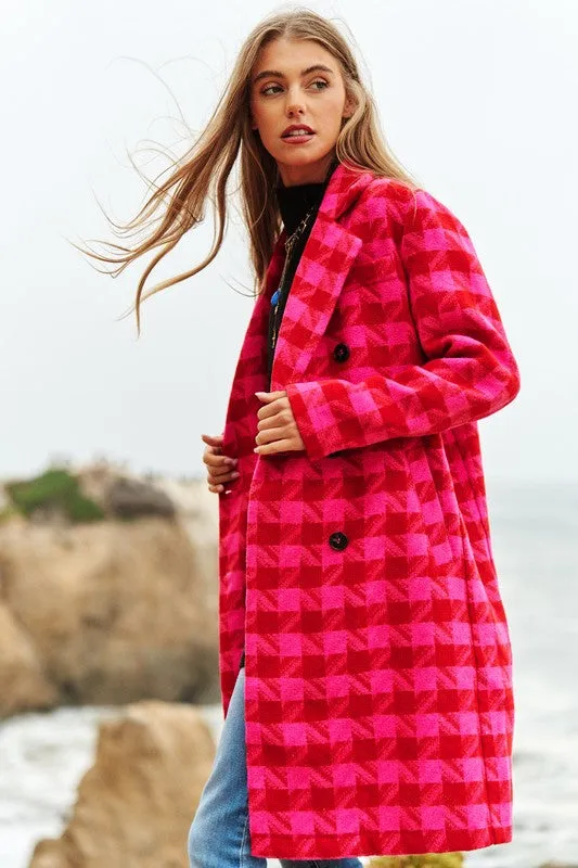 Bohemian Textured Knit Tweed Plaid Double Button Coat Jacket