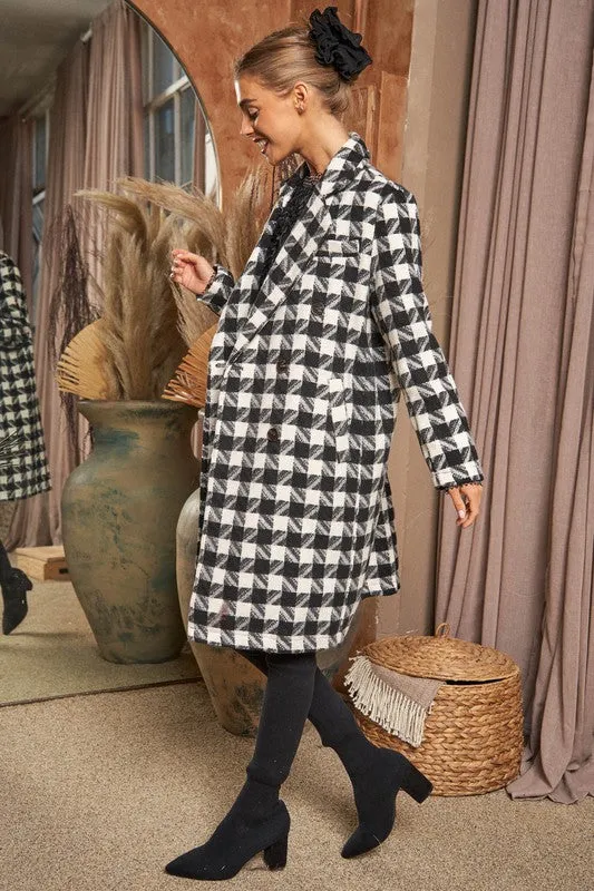 Bohemian Textured Knit Tweed Plaid Double Button Coat Jacket