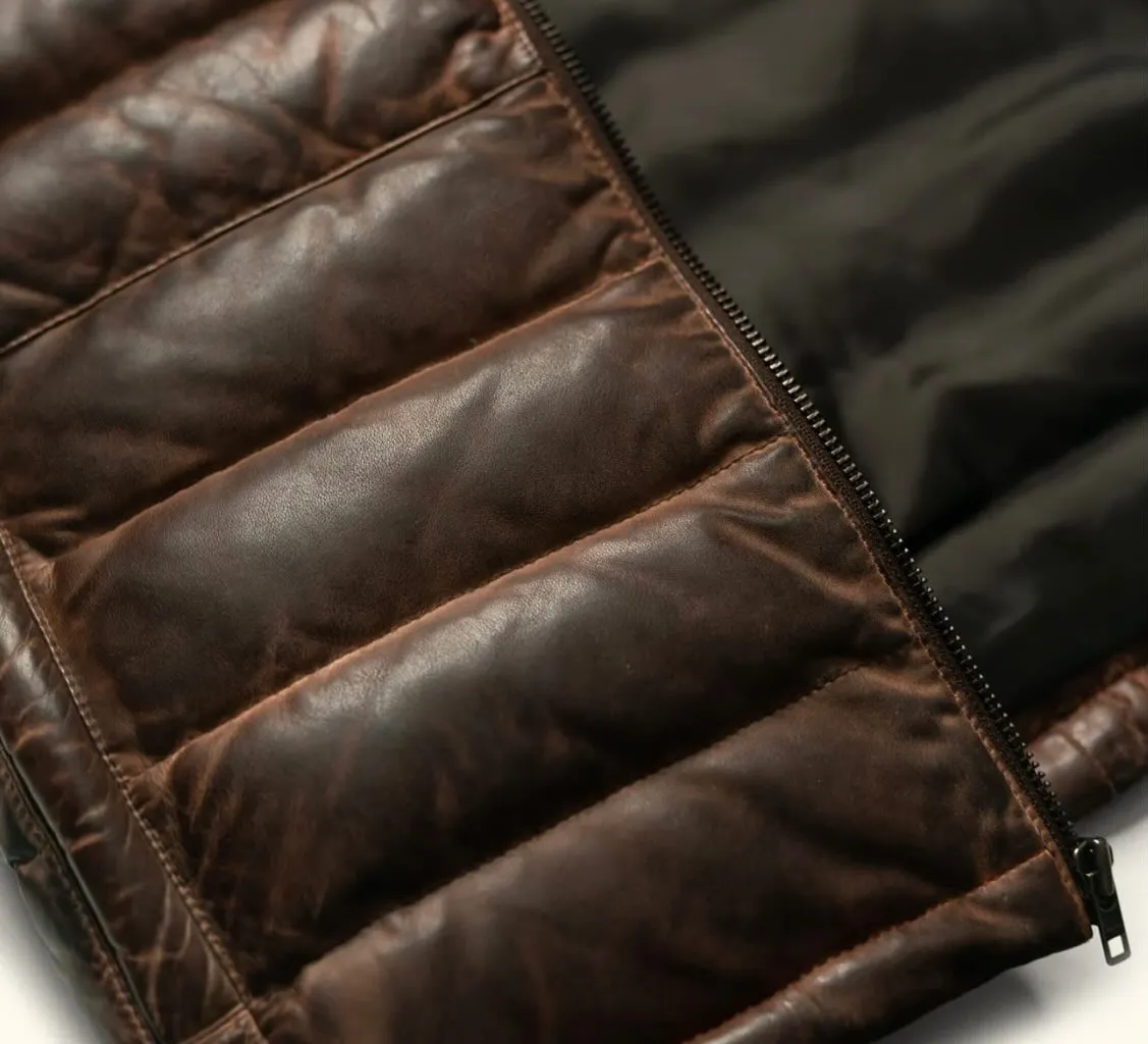 Brown Sheepskin Men's Puffer Leather Jacket - Stylish and Warm Outerwear