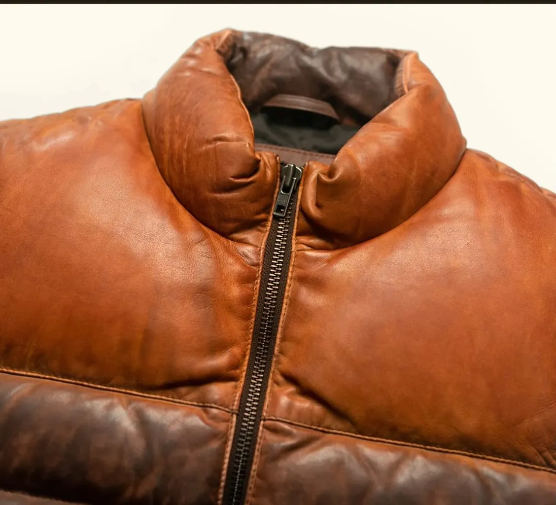 Brown Sheepskin Men's Puffer Leather Jacket - Stylish and Warm Outerwear