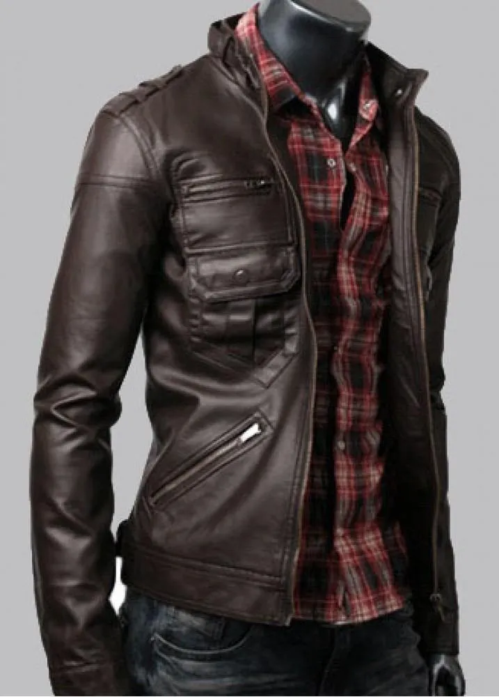 Classic Dark Brown Zip Pocket Leather Jacket