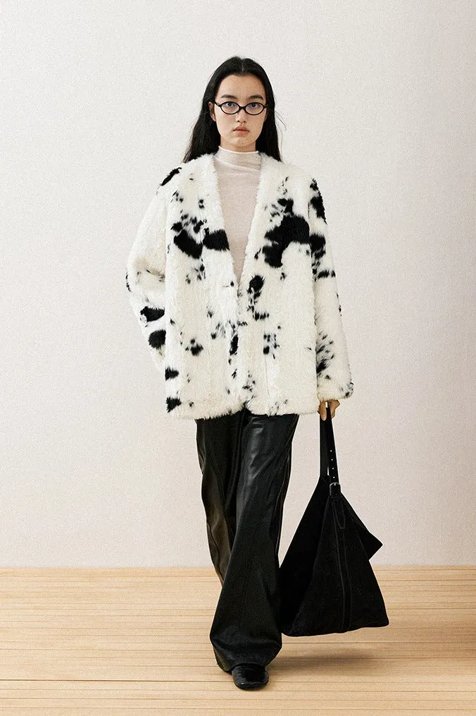 Color-block cow print stylish faux fur jacket