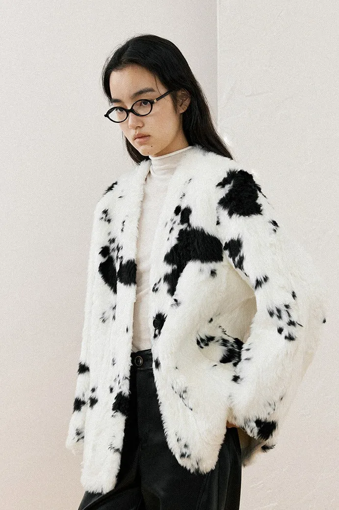 Color-block cow print stylish faux fur jacket