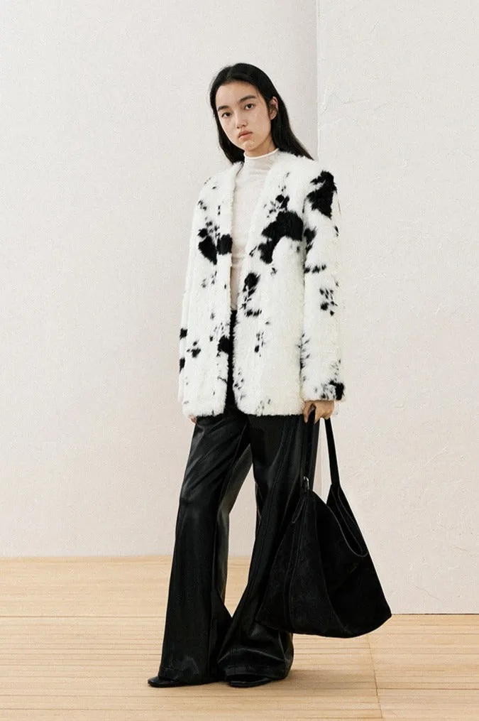 Color-block cow print stylish faux fur jacket