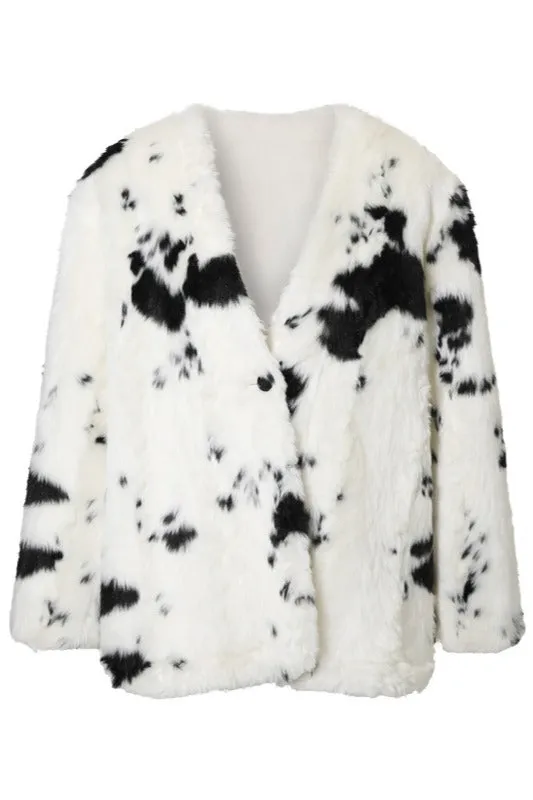 Color-block cow print stylish faux fur jacket