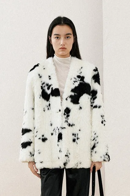 Color-block cow print stylish faux fur jacket