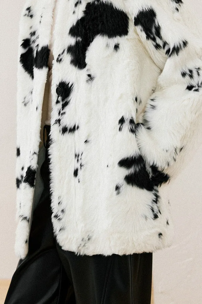 Color-block cow print stylish faux fur jacket