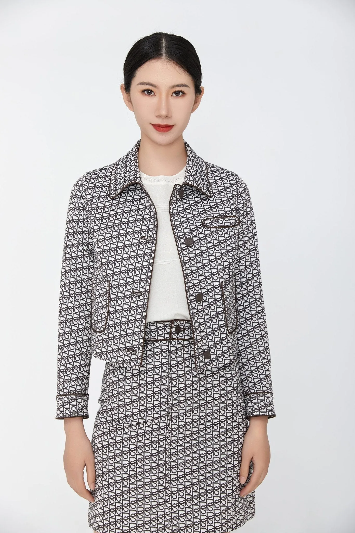 Dark Brown Peter Pan Collar Printed Short Coat