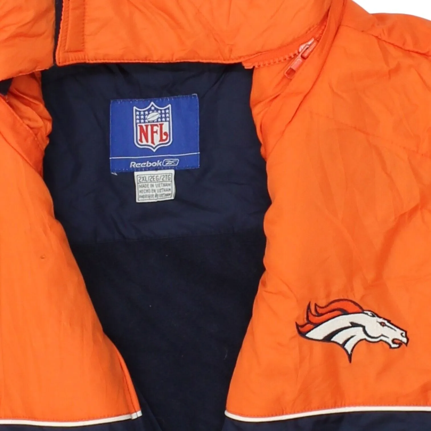 Denver Broncos Mens Orange Navy Padded Fleece Lined Reebok Jacket | Vintage NFL