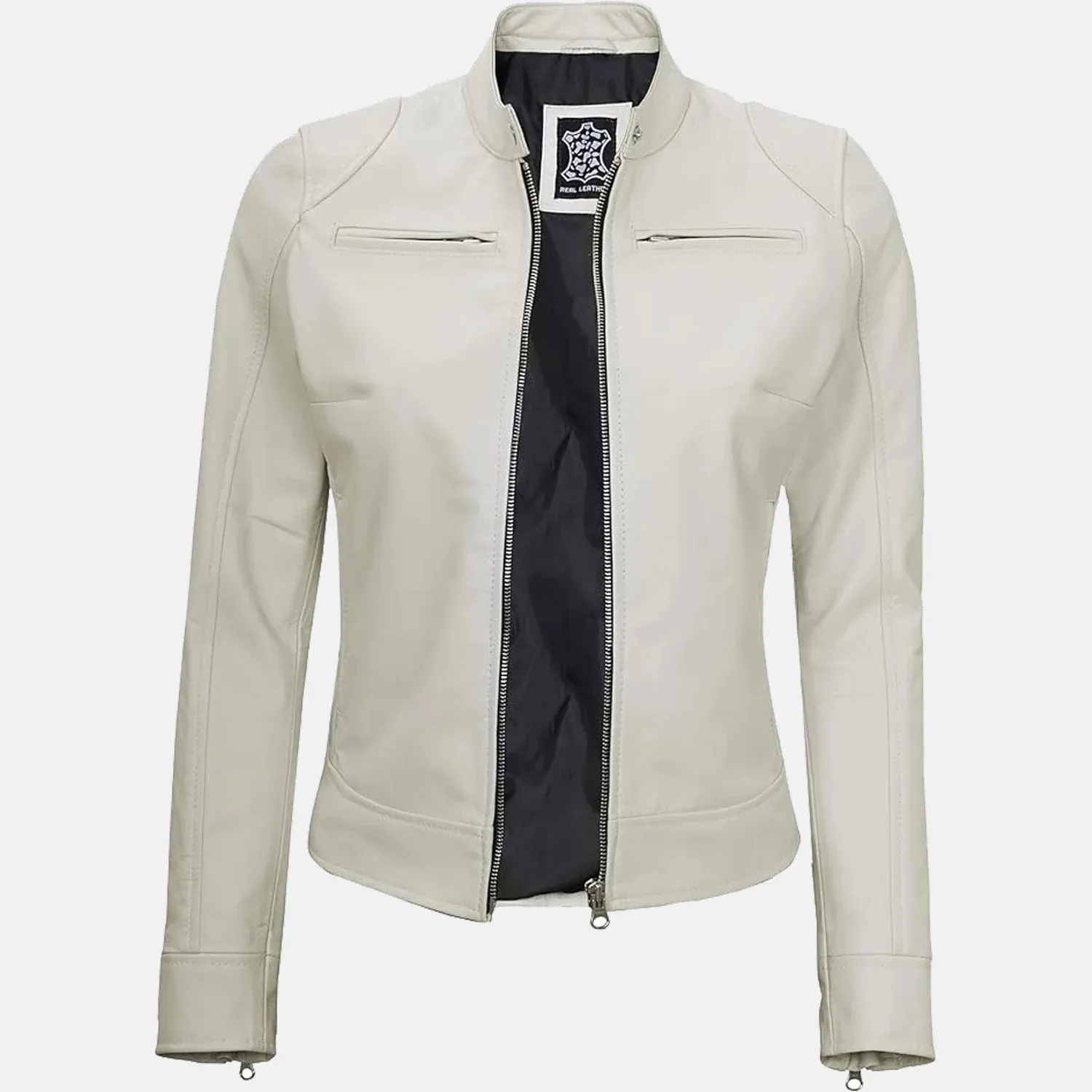 Donna Black White Leather Bomber Jacket for Women | Order Now