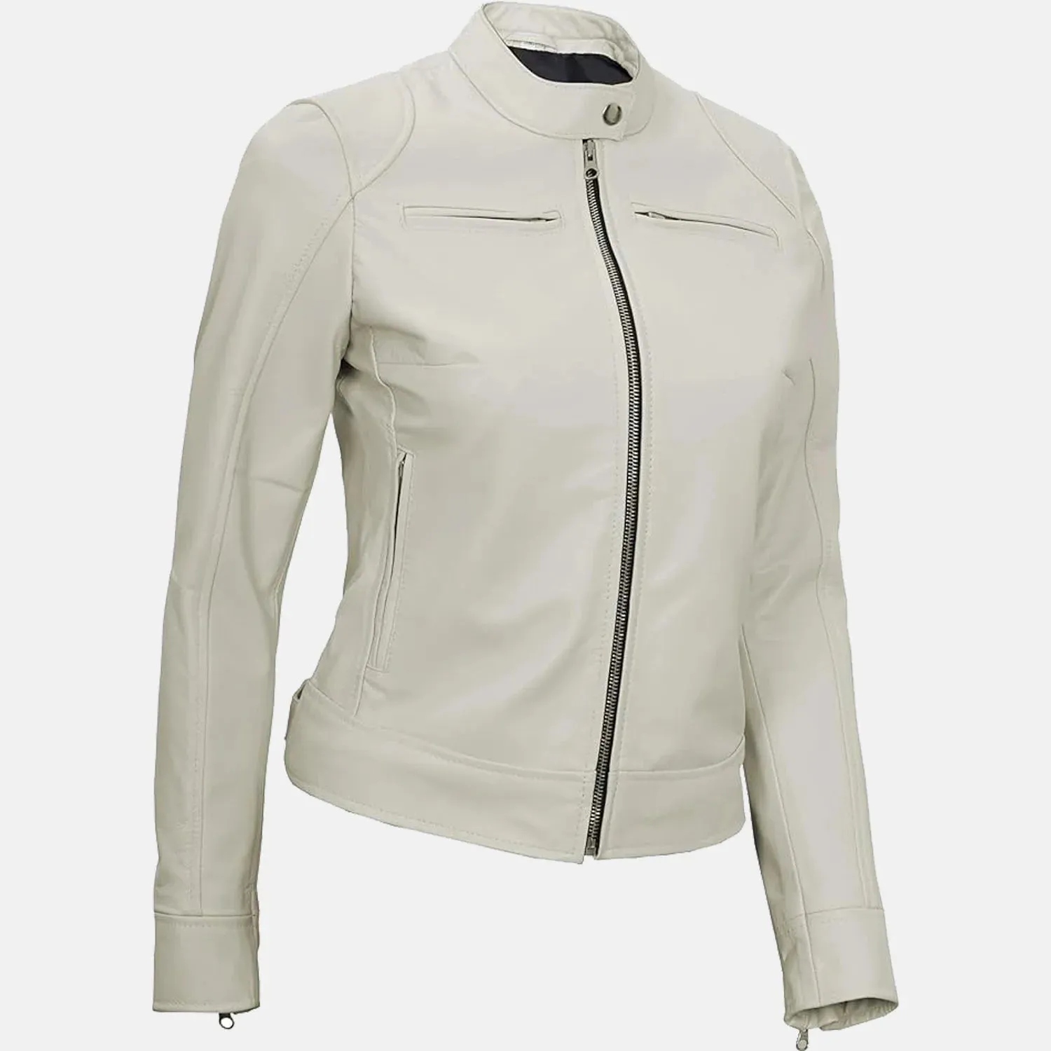 Donna Black White Leather Bomber Jacket for Women | Order Now