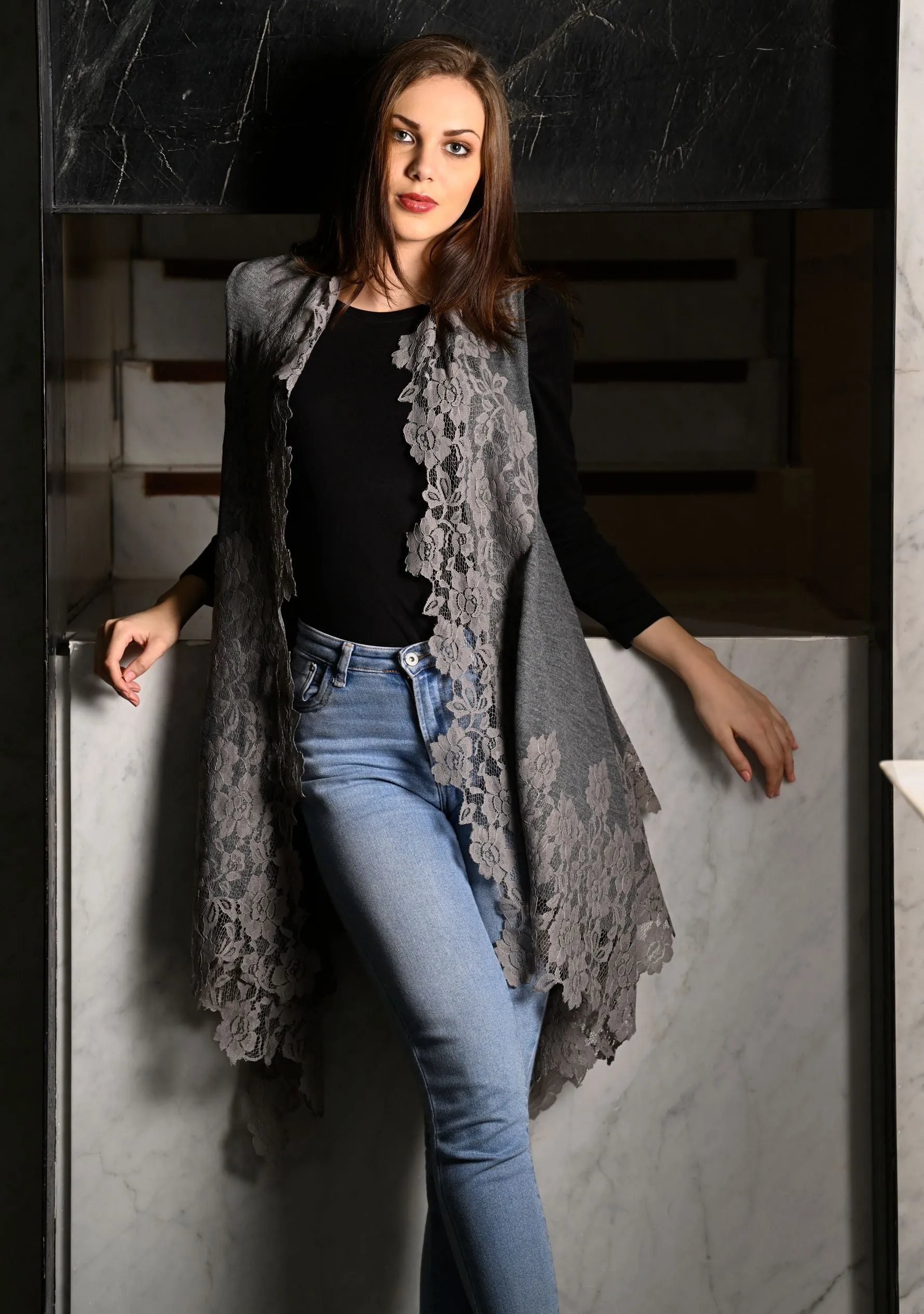 Dual Color Dk. Grey and Grey Melange Knitted Fine Wool Sleeveless Jacket with Grey Floral Lace Border