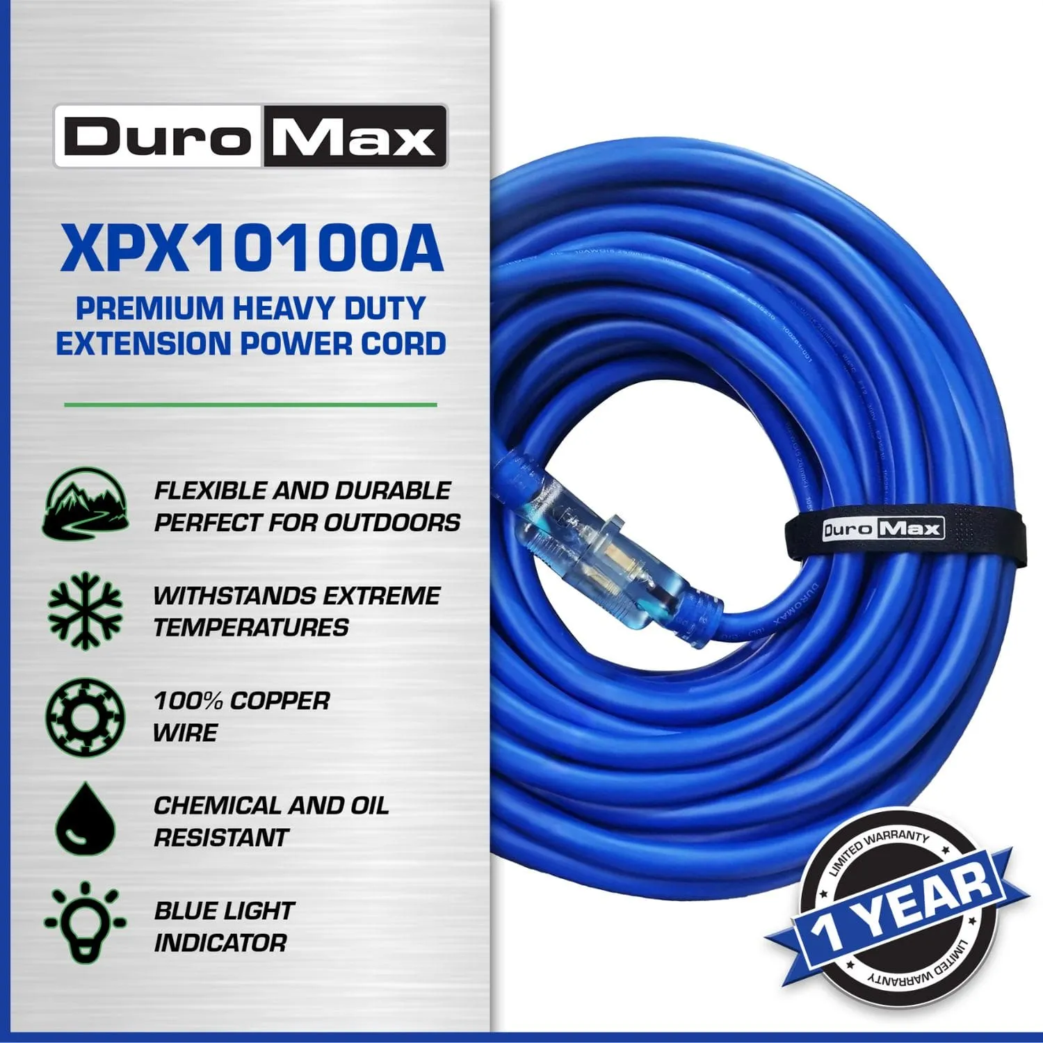 DuroMax XPX10100A Heavy Duty SJEOOW 100-Foot 10 Gauge Blue Single Tap Extension Power Cord