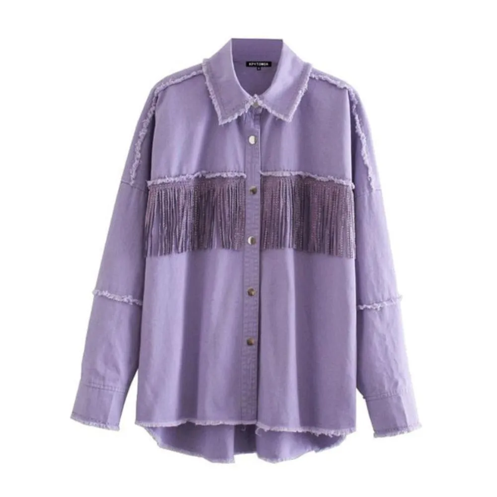 Fringe Beaded Jacket Long Sleeve Frayed Trim Outerwear