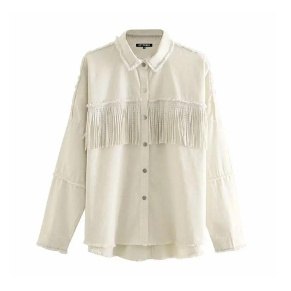 Fringe Beaded Jacket Long Sleeve Frayed Trim Outerwear