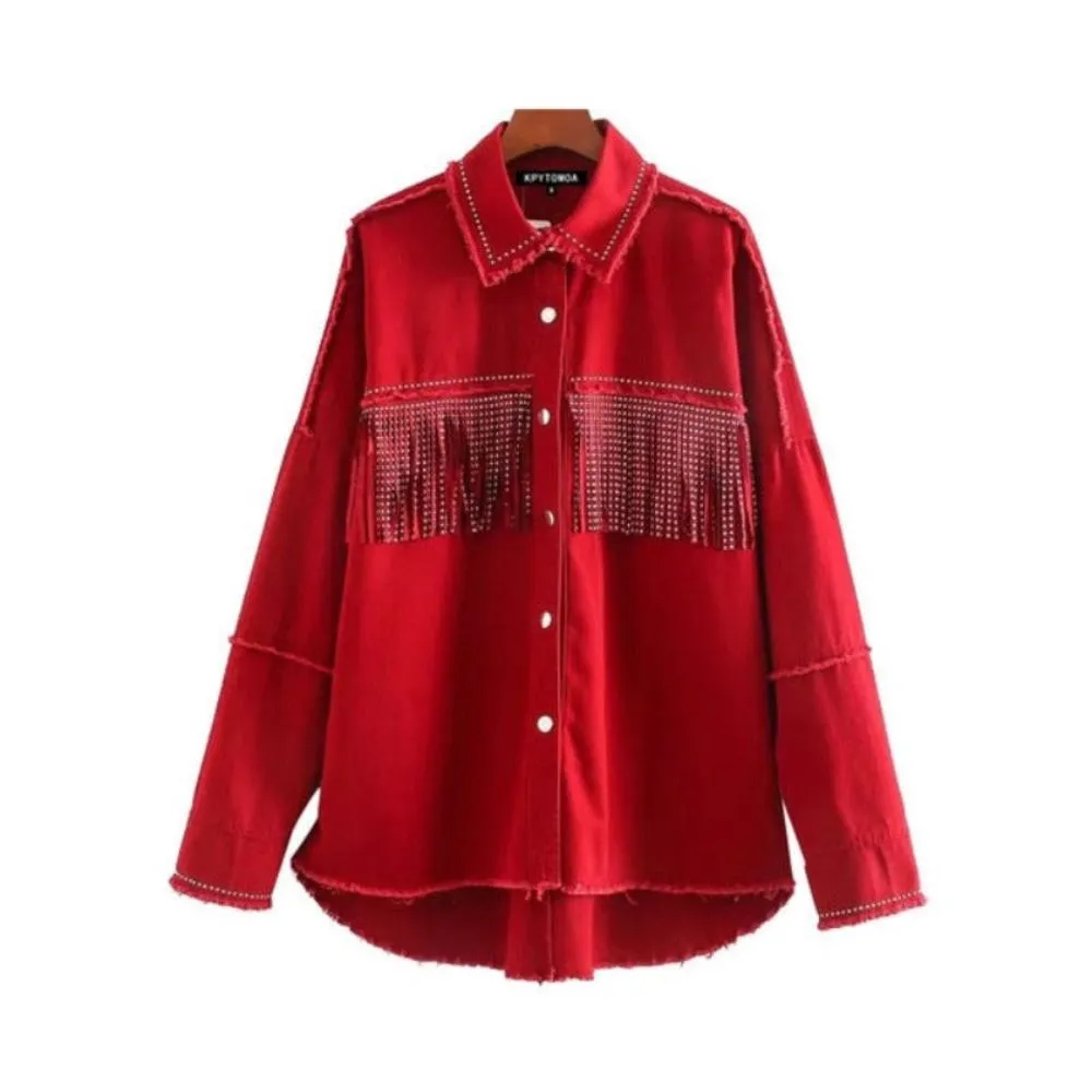 Fringe Beaded Jacket Long Sleeve Frayed Trim Outerwear