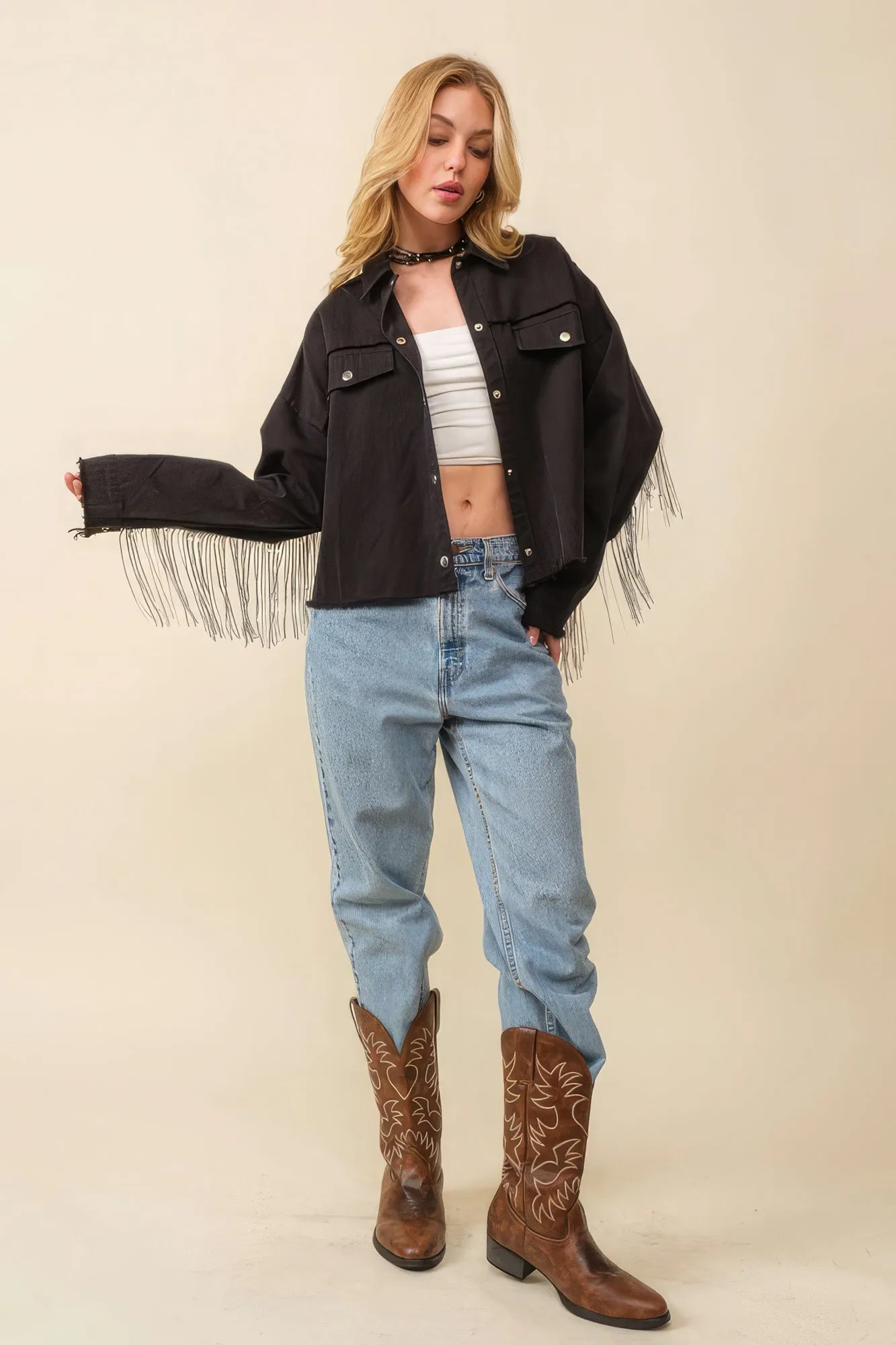 Hot Girl Howdy Sequin Fringe Star Western Jacket In Black