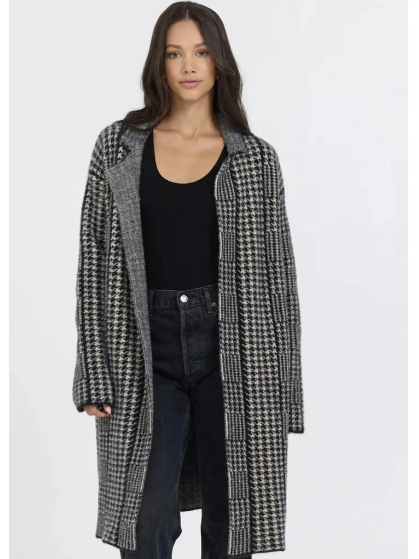 Houndstooth Long Furry Knit Coat