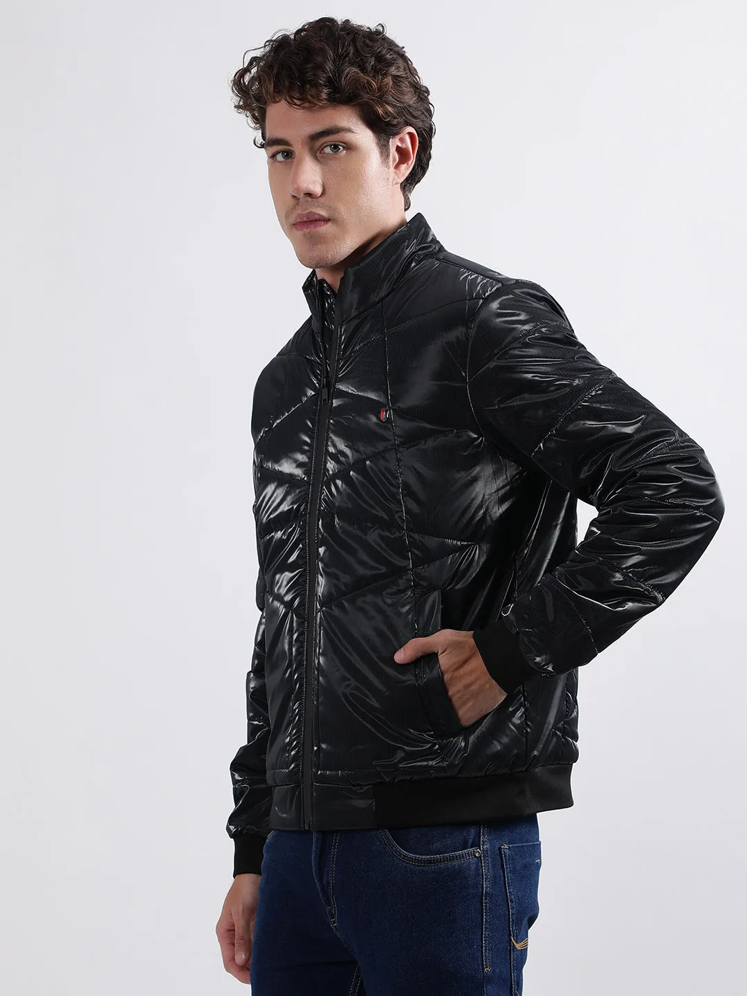 Iconic Men Black Solid Stand Collar Full Sleeves Quilted Jacket