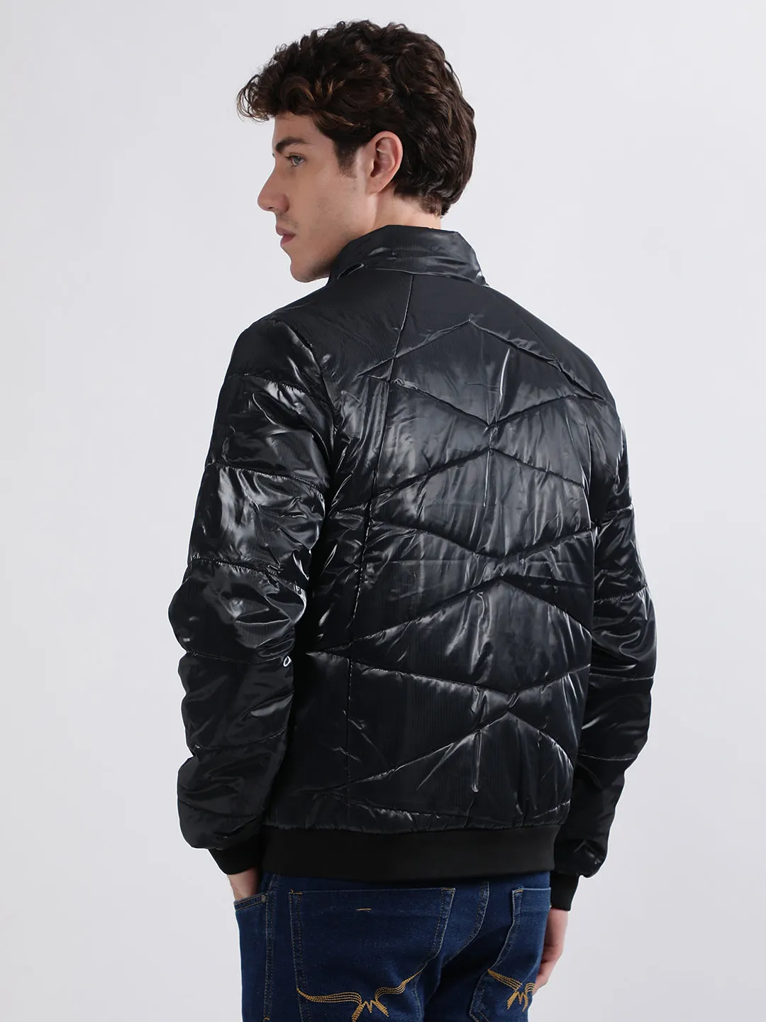 Iconic Men Black Solid Stand Collar Full Sleeves Quilted Jacket