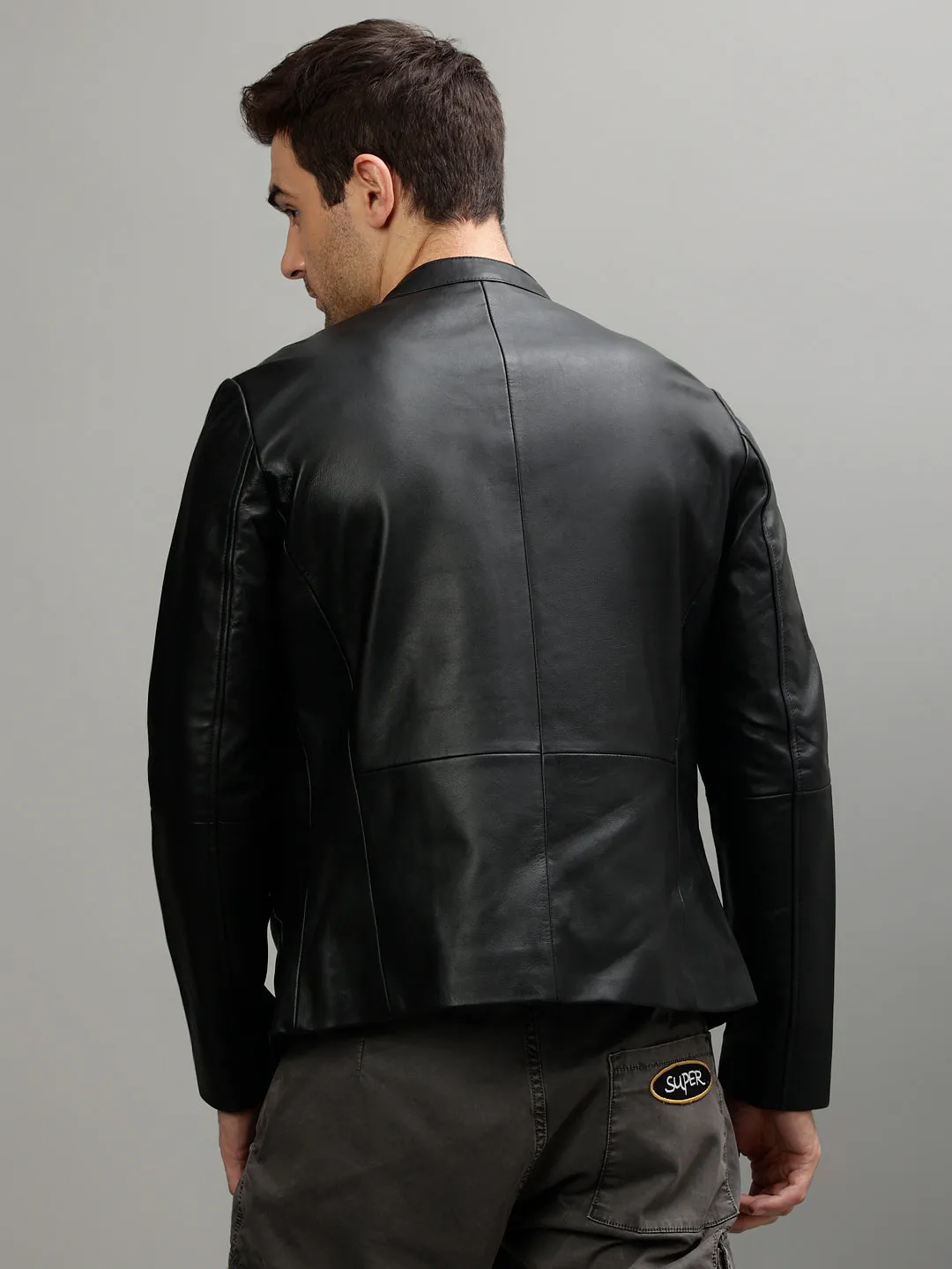 Iconic Men Solid Band Collar Full Sleeves Leather Jacket