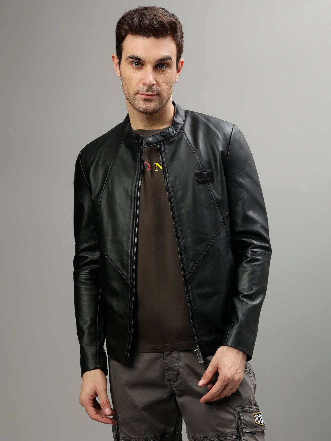 Iconic Men Solid Band Collar Full Sleeves Leather Jacket