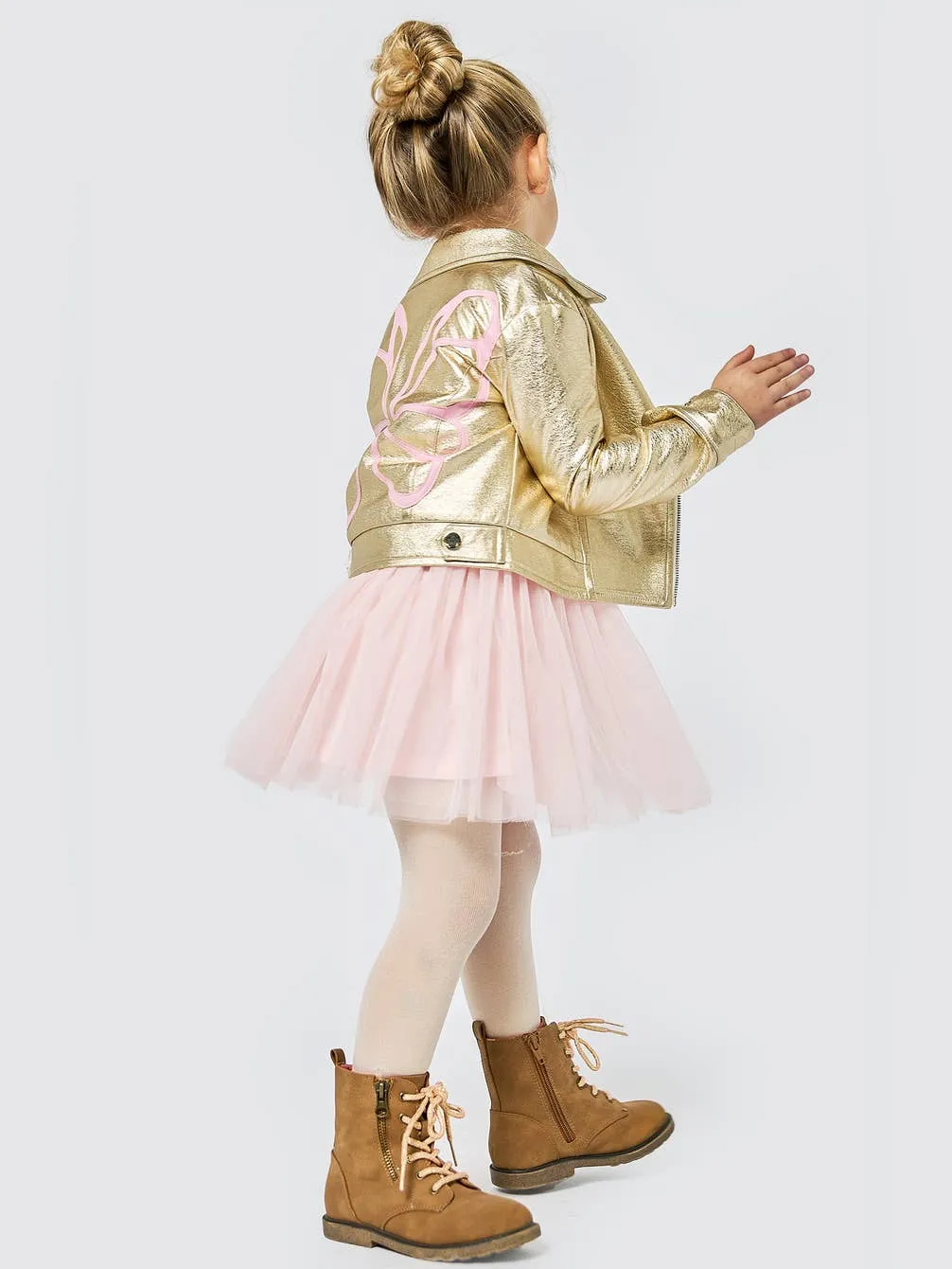 Infant l Toddler l Little Girl’s Metallic Gold Pleather Butterfly Wing Motto Jacket