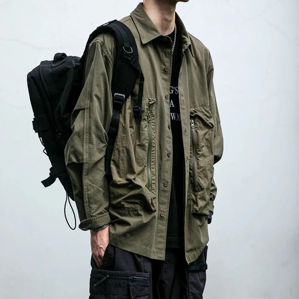 Japanese Streetwear Zipper Pocket Cargo Shirt - Casual Long Sleeve