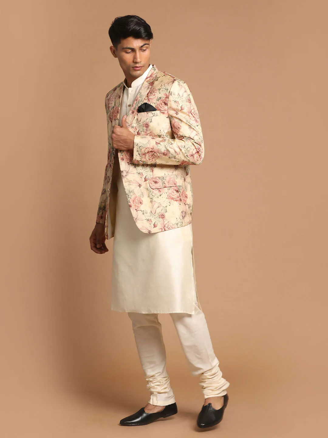 Jashvi Men's Beige Floral Print Blazer And Cream Solid Kurta With Pajama Set