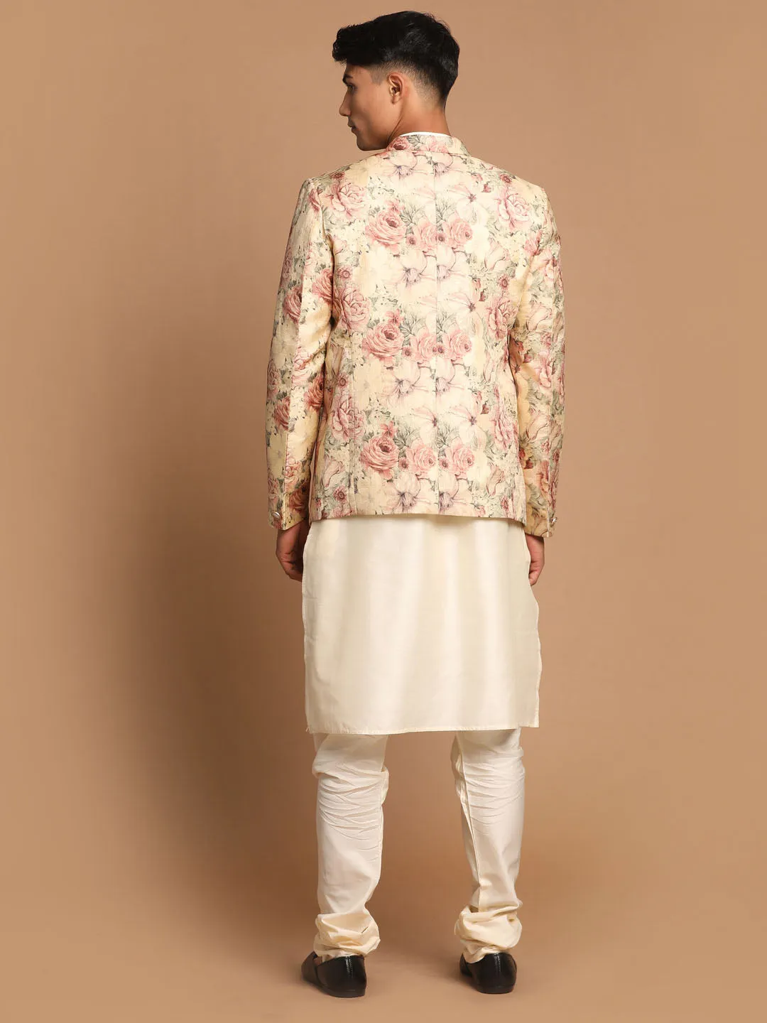 Jashvi Men's Beige Floral Print Blazer And Cream Solid Kurta With Pajama Set