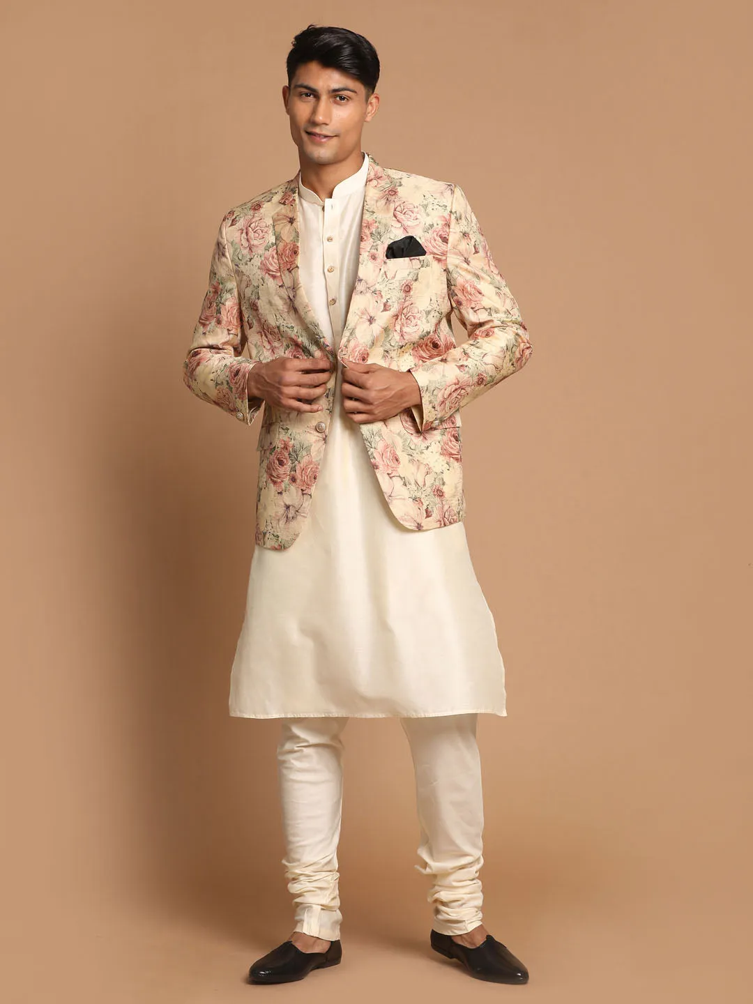 Jashvi Men's Beige Floral Print Blazer And Cream Solid Kurta With Pajama Set