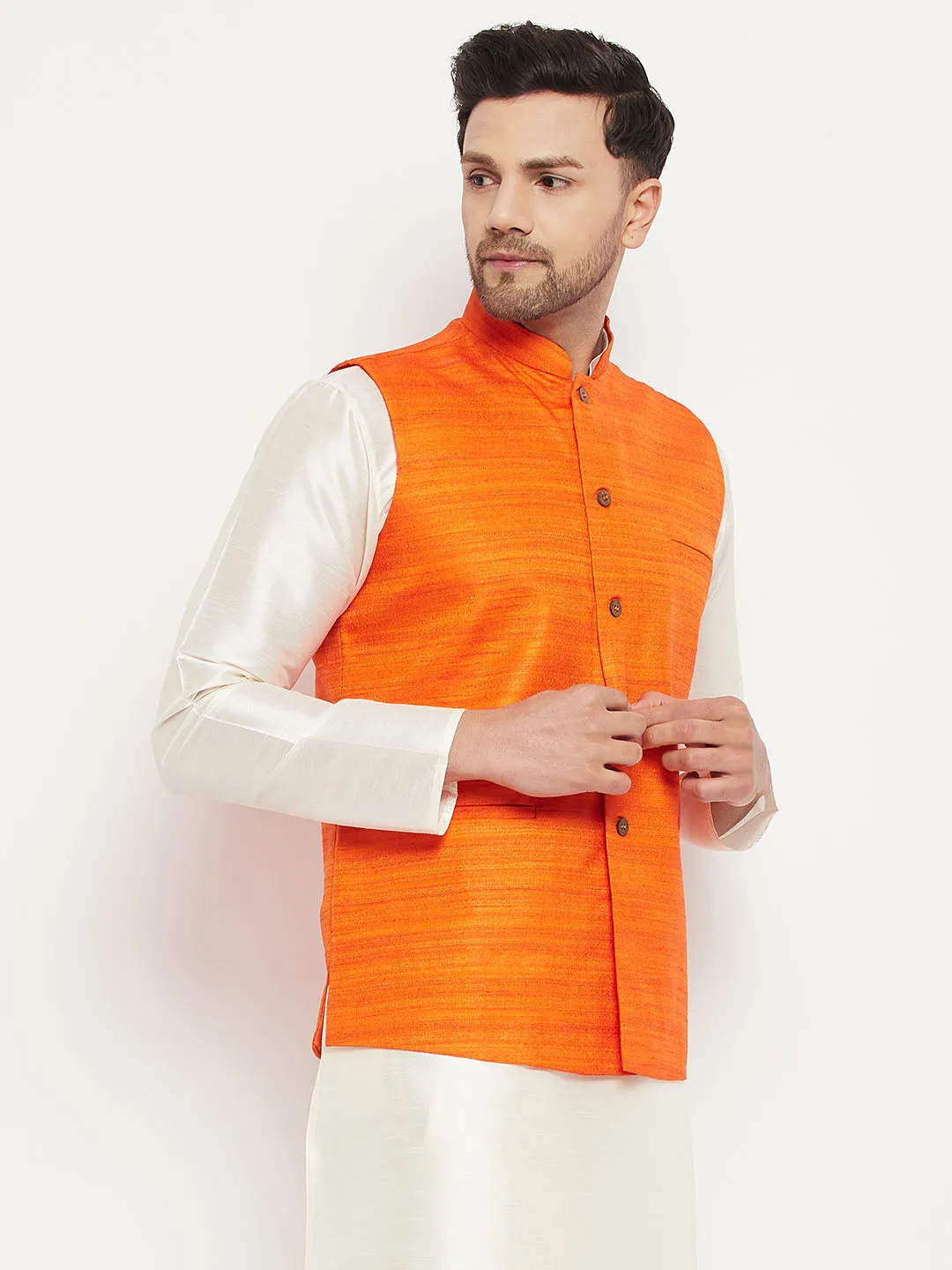 Jashvi Men's Orange Silk Blend Nehru Jacket