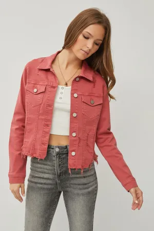 KESLEY Denim Jacket Pink Red Raw Hem Button Up Cropped Women's Jean Jacket