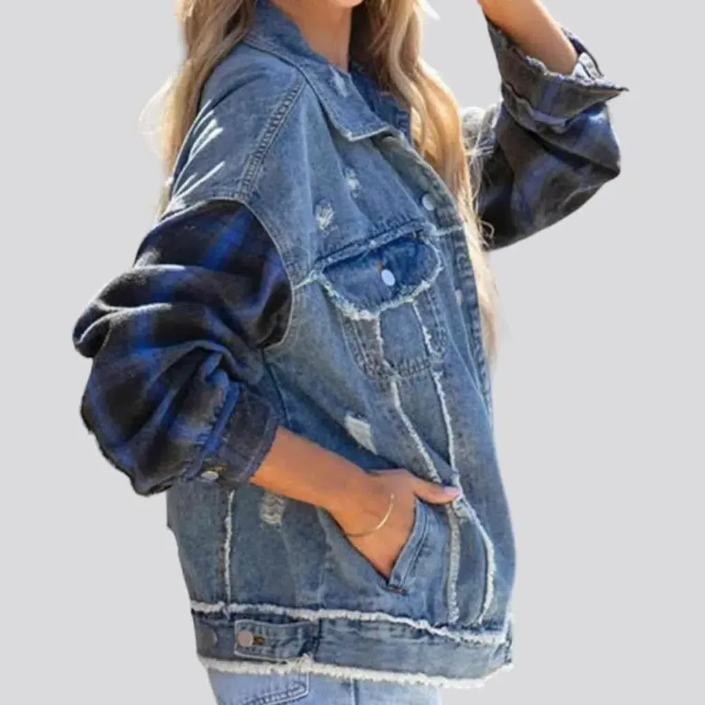 Light-wash distressed jean jacket for ladies