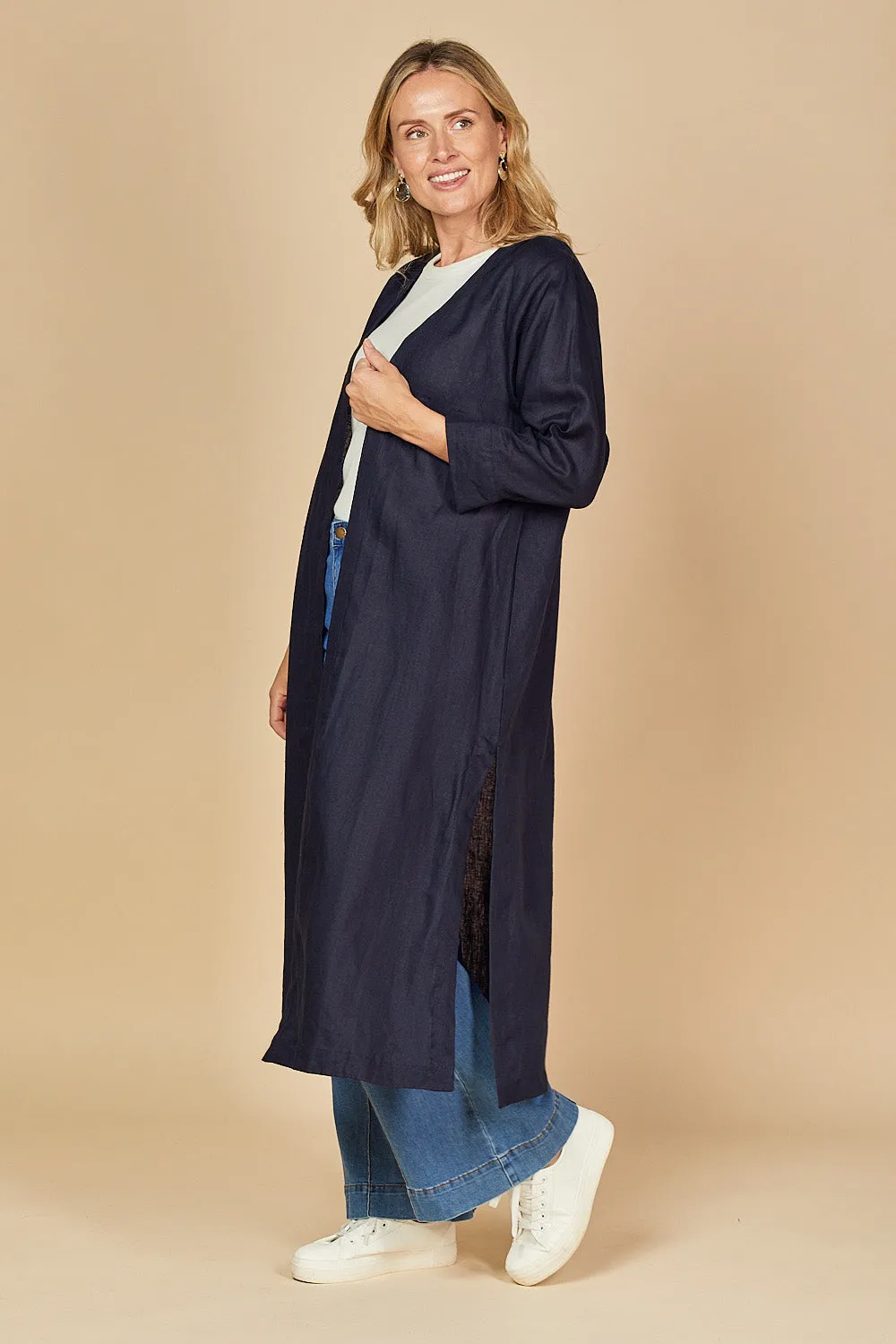 Long Line Linen Duster Jacket in Navy