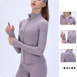 Long Sleeve Sports Jacket Zipper Fitness Fit Lightweight Yoga Shirt Gym Activewear Running Coats with Thumb Holes for Workout