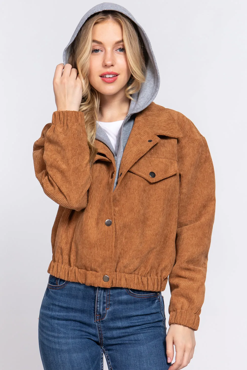 Long Slv Hooded Corduroy Jacket - 5 colors