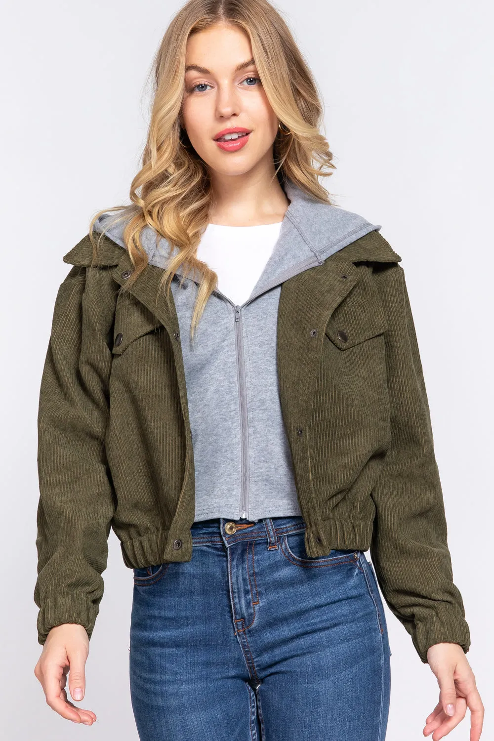 Long Slv Hooded Corduroy Jacket - 5 colors