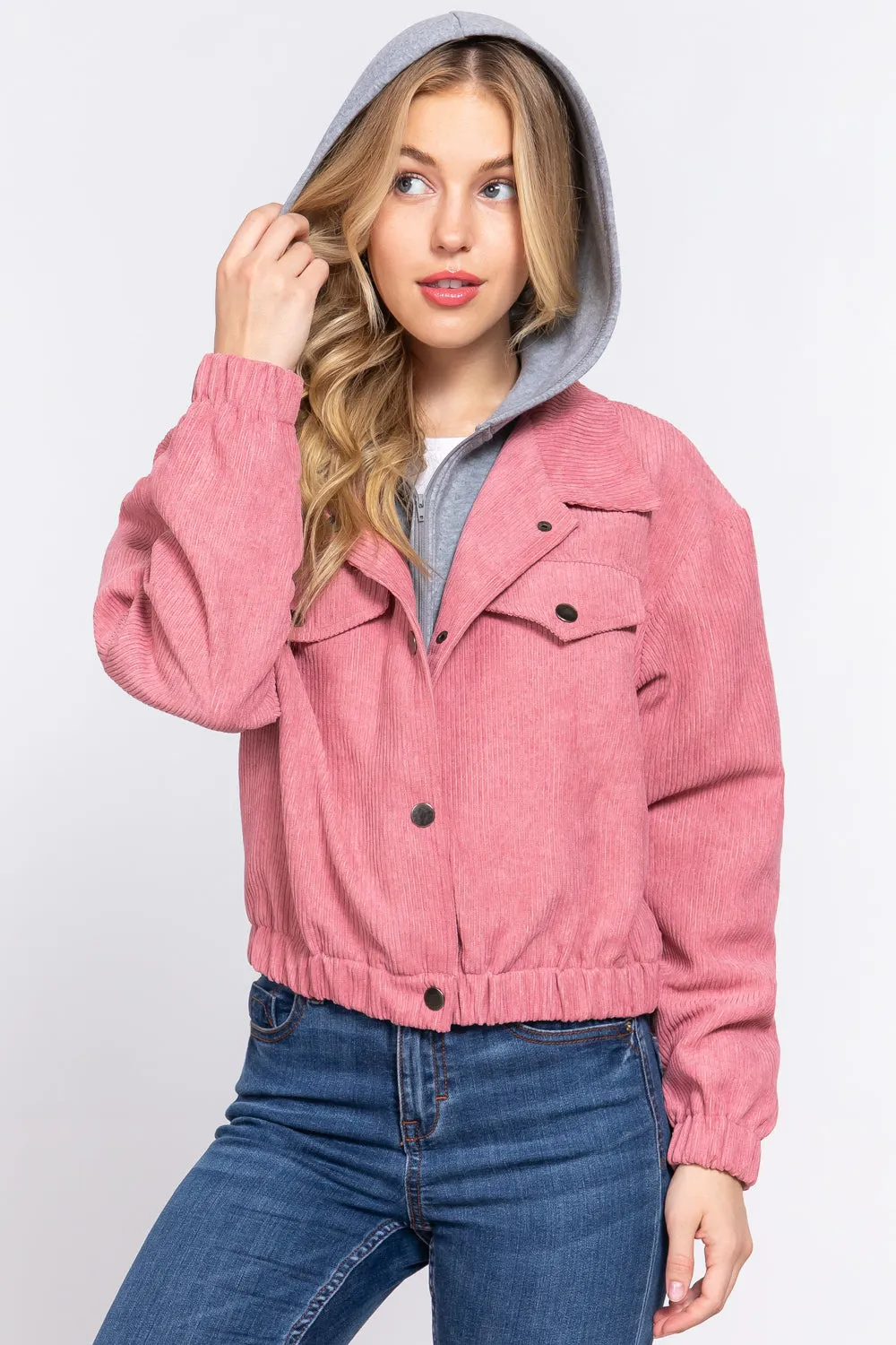 Long Slv Hooded Corduroy Jacket - 5 colors