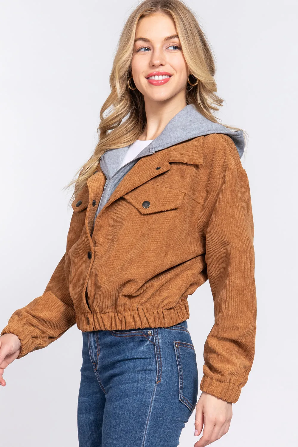 Long Slv Hooded Corduroy Jacket - 5 colors