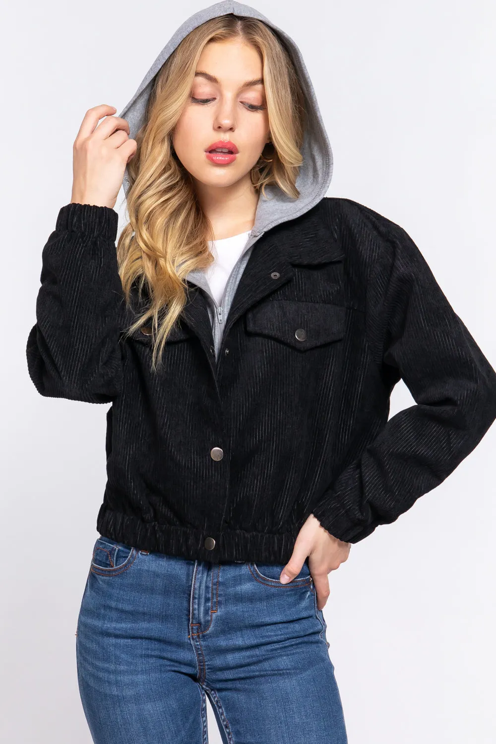 Long Slv Hooded Corduroy Jacket - 5 colors