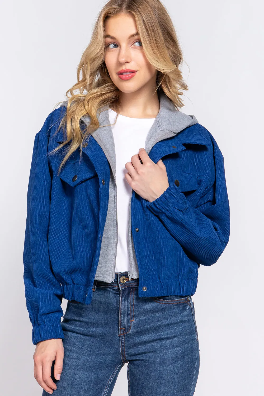 Long Slv Hooded Corduroy Jacket - 5 colors