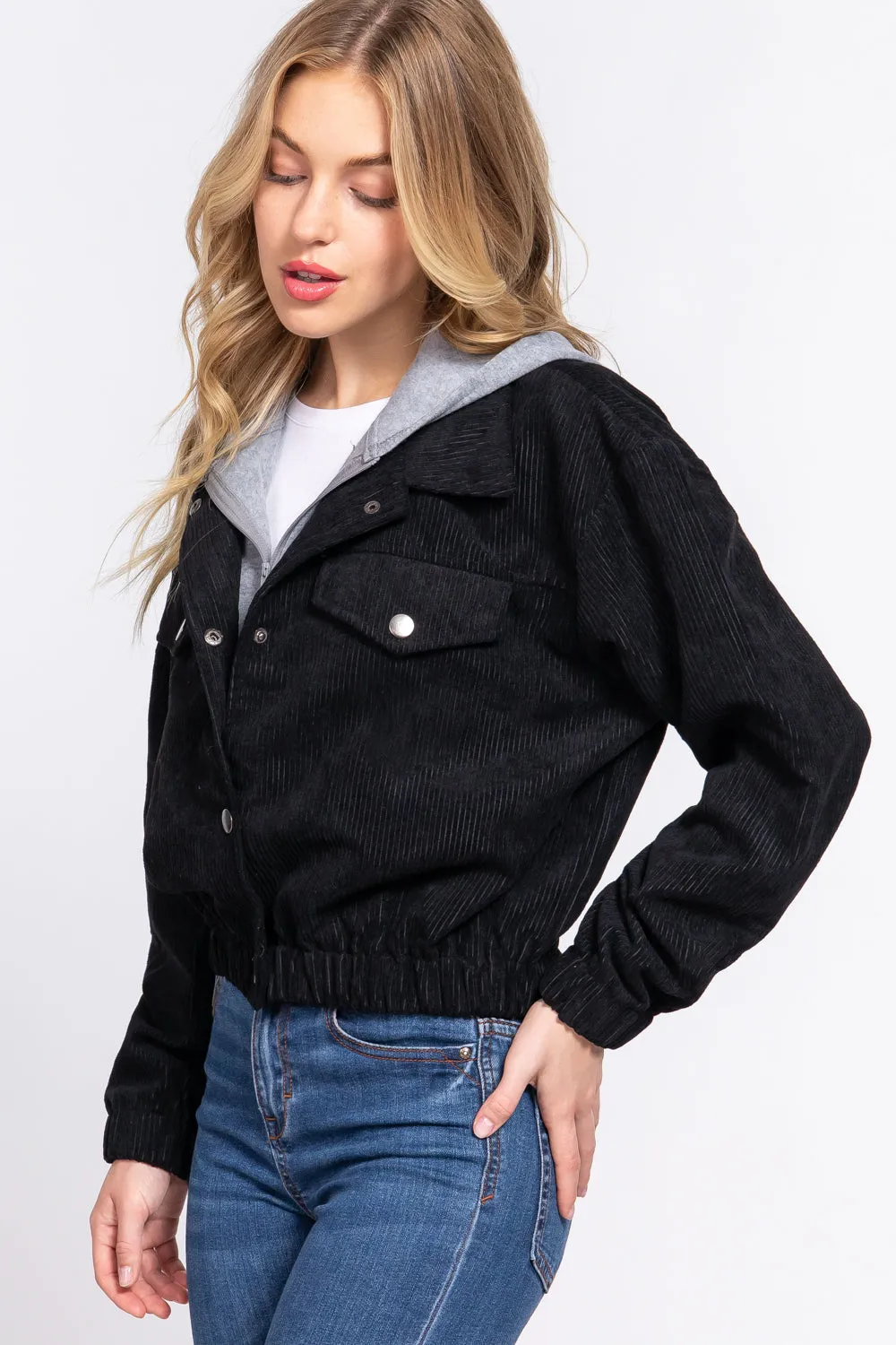 Long Slv Hooded Corduroy Jacket - 5 colors